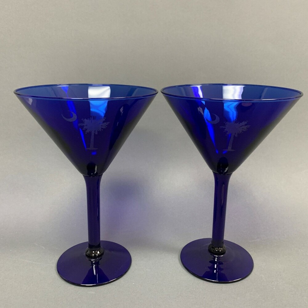Cobalt Blue Glass Martini Margarita Glasses Moon Tree 6 7/8 Tall Lot of 2‎